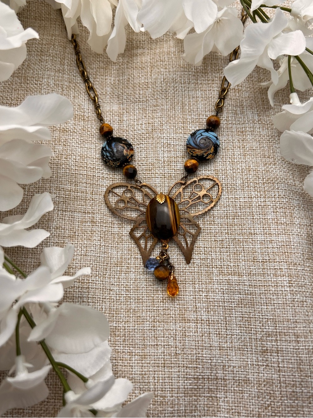 VINTAGE Bronze-Gold Long Filigree Butterfly Necklace with Stones